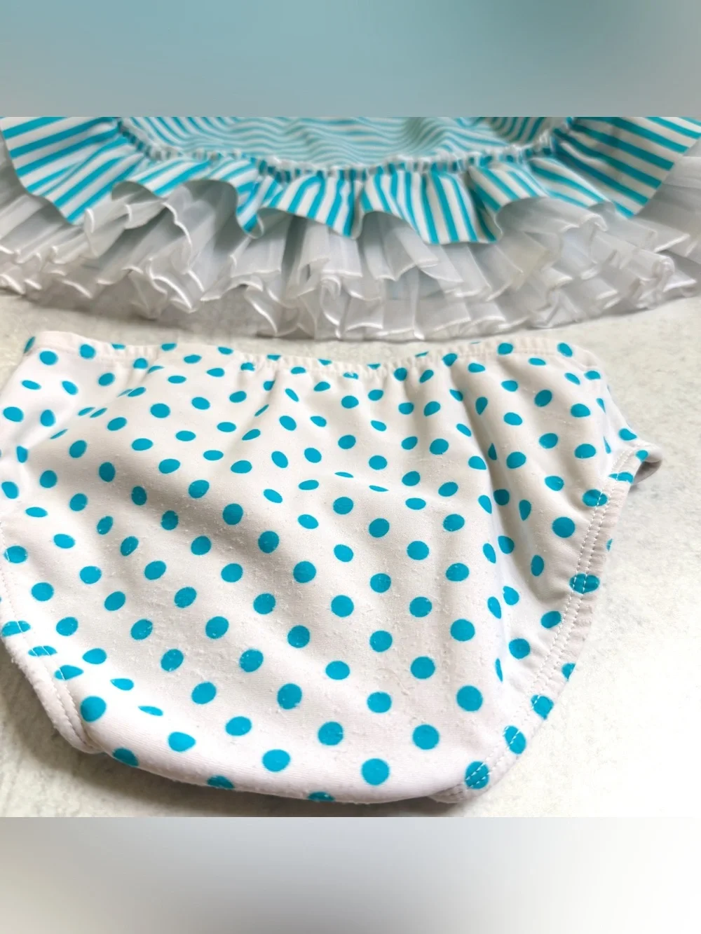 18M👙 Kate Mack Aqua Stripe Tutu Ruffle Tankini Swimsuit Set w Polka Dot Bottom